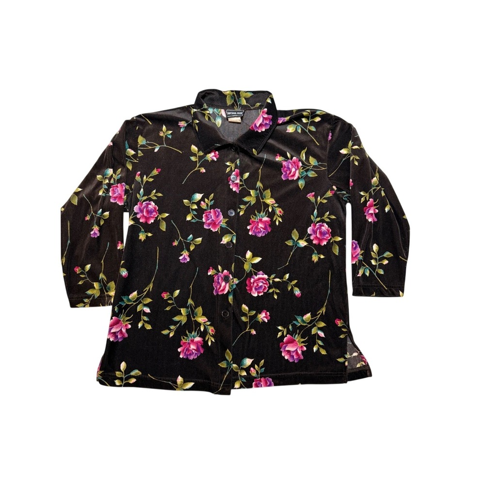 California Krush Vintage 90s Floral Corduroy Button Front Top Black Pink Plus 18